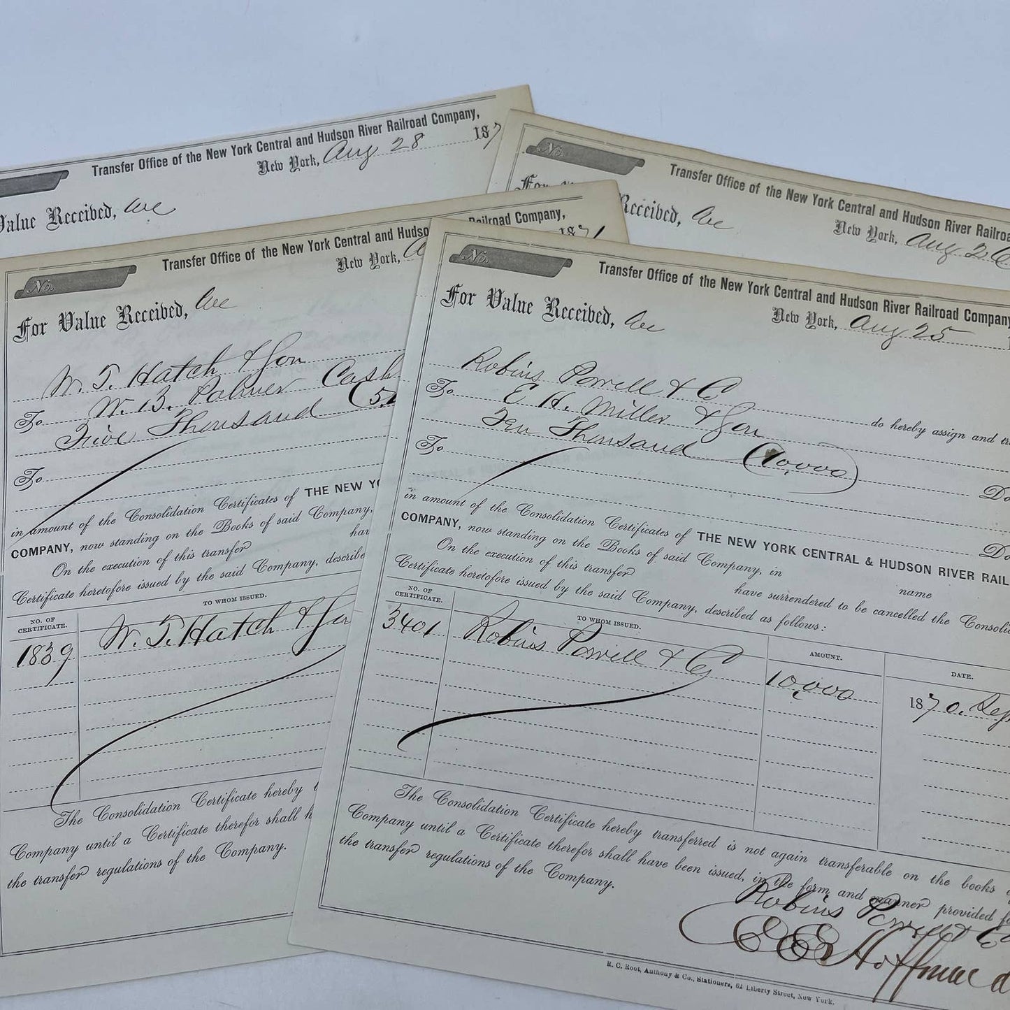 1871 New York Central & Hudson River Railroad Co Transfer Documents Set of 6 AC9