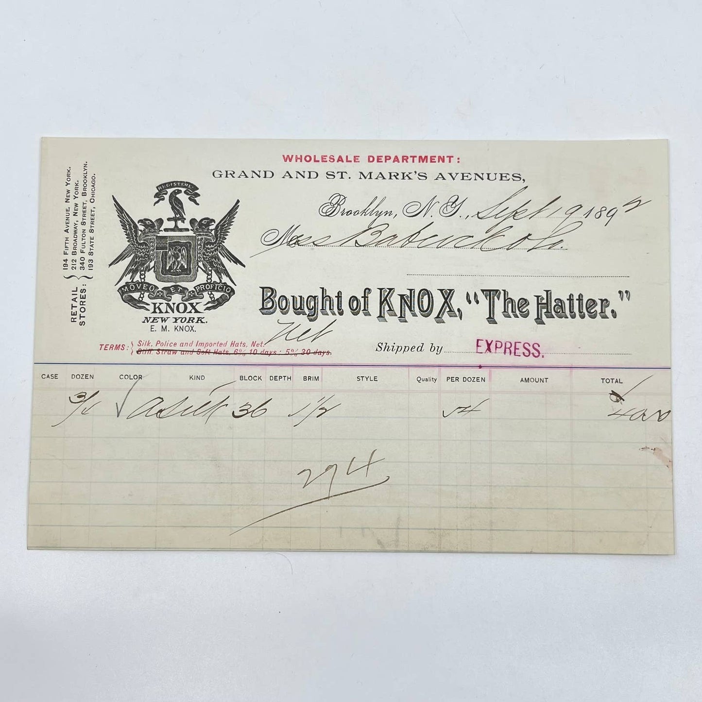 1892 Knox “The Hatter” New York Letterhead Brooklyn NY AB5