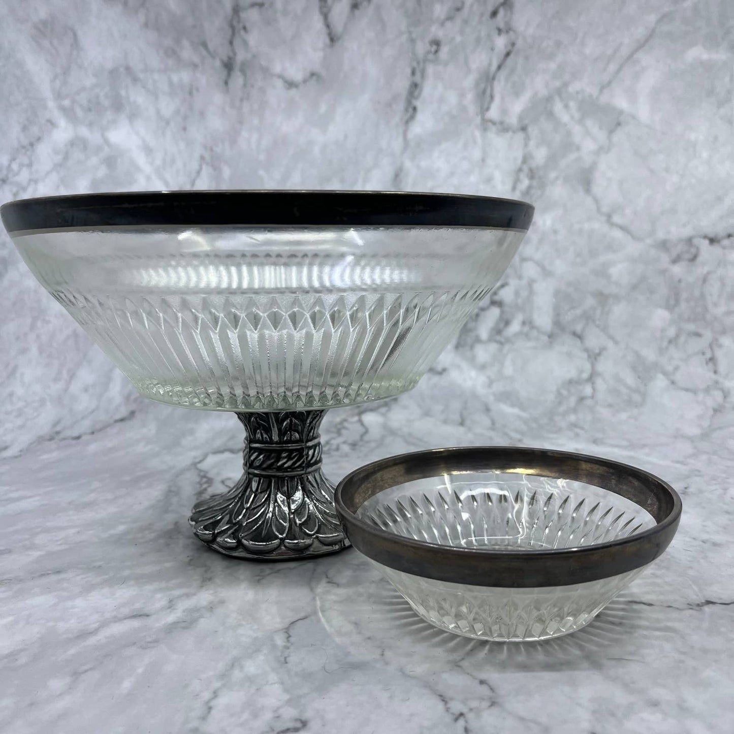 Vtg Pedestal Crystal Chip and Dip Bowl Set Fruit Bowl w/ Metal Rim & Base TE3