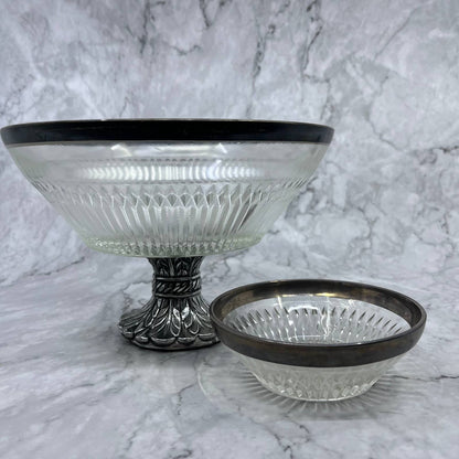 Vtg Pedestal Crystal Chip and Dip Bowl Set Fruit Bowl w/ Metal Rim & Base TE3