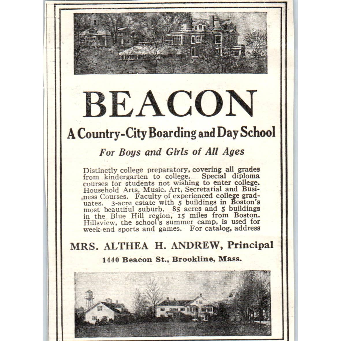 c1920 Harper's Magazine Ad - Beacon School Althea H. Andrew Brookline MA EA3-4