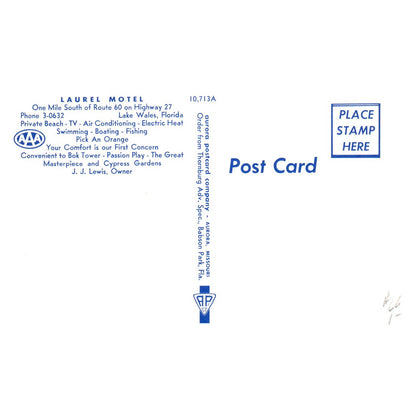 Laurel Motel Lake Wales Florida J.J. Lewis - Postcard TJ8-1