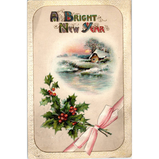 New Years Greeting Embossed Holly Winter Cottage - Original Postcard TJ7-RP3