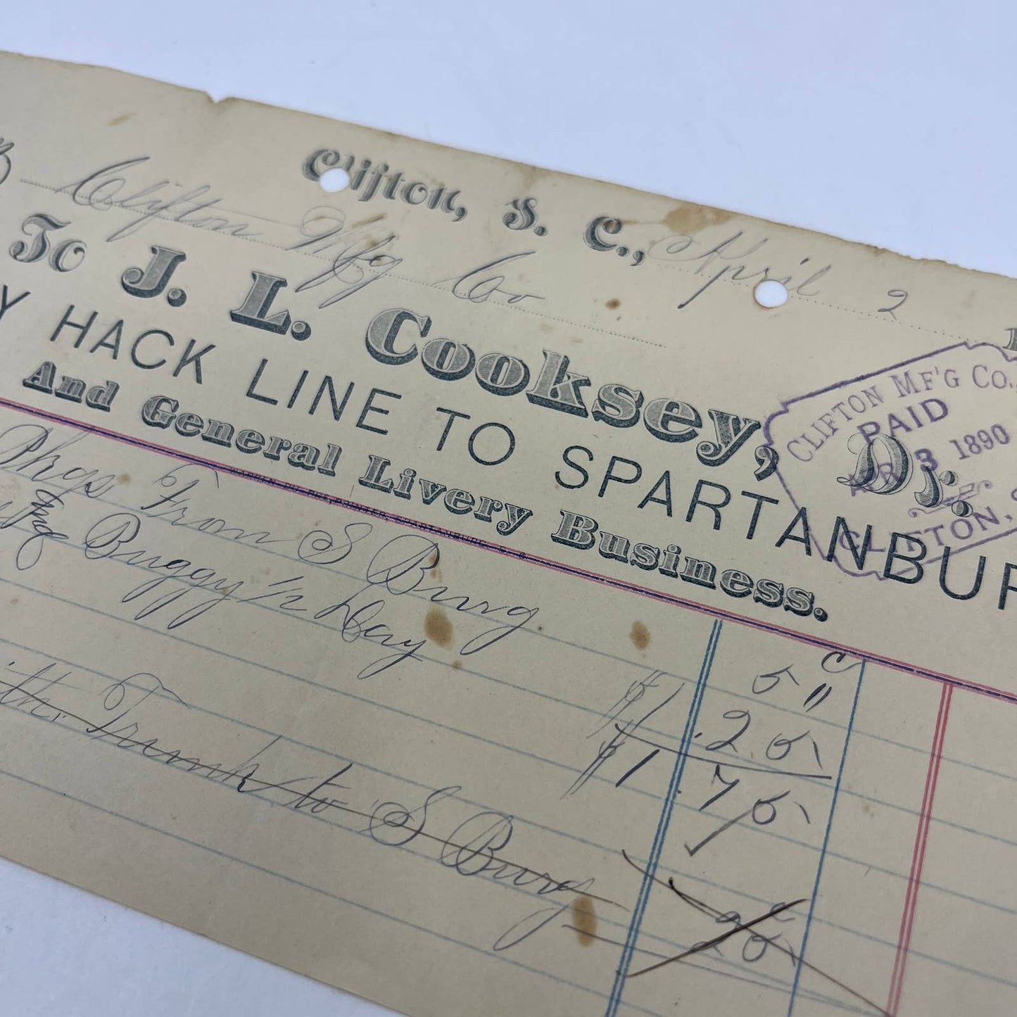 1891 Billhead J.L. Cooksey Daily Hack Line to Spartanburg Livery Clifton SC AC9