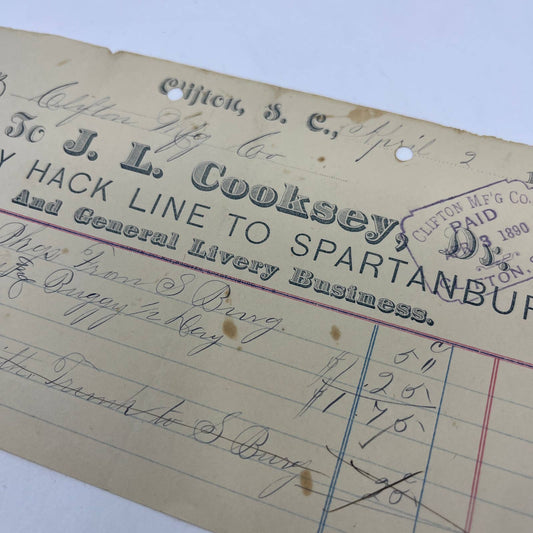 1891 Billhead J.L. Cooksey Daily Hack Line to Spartanburg Livery Clifton SC AC9