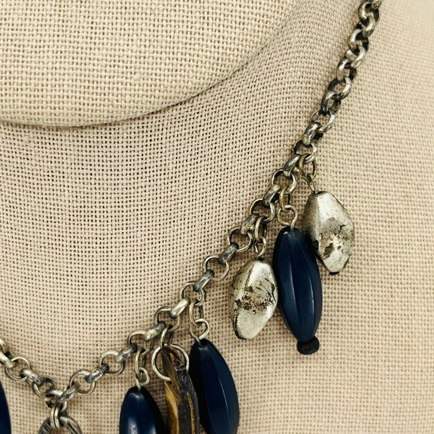 Vintage Brutalist Rustic Wood Metal Blue Bead Chunky Pendant Necklace SB2