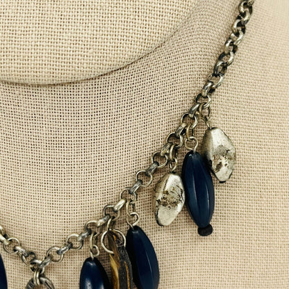 Vintage Brutalist Rustic Wood Metal Blue Bead Chunky Pendant Necklace SB2
