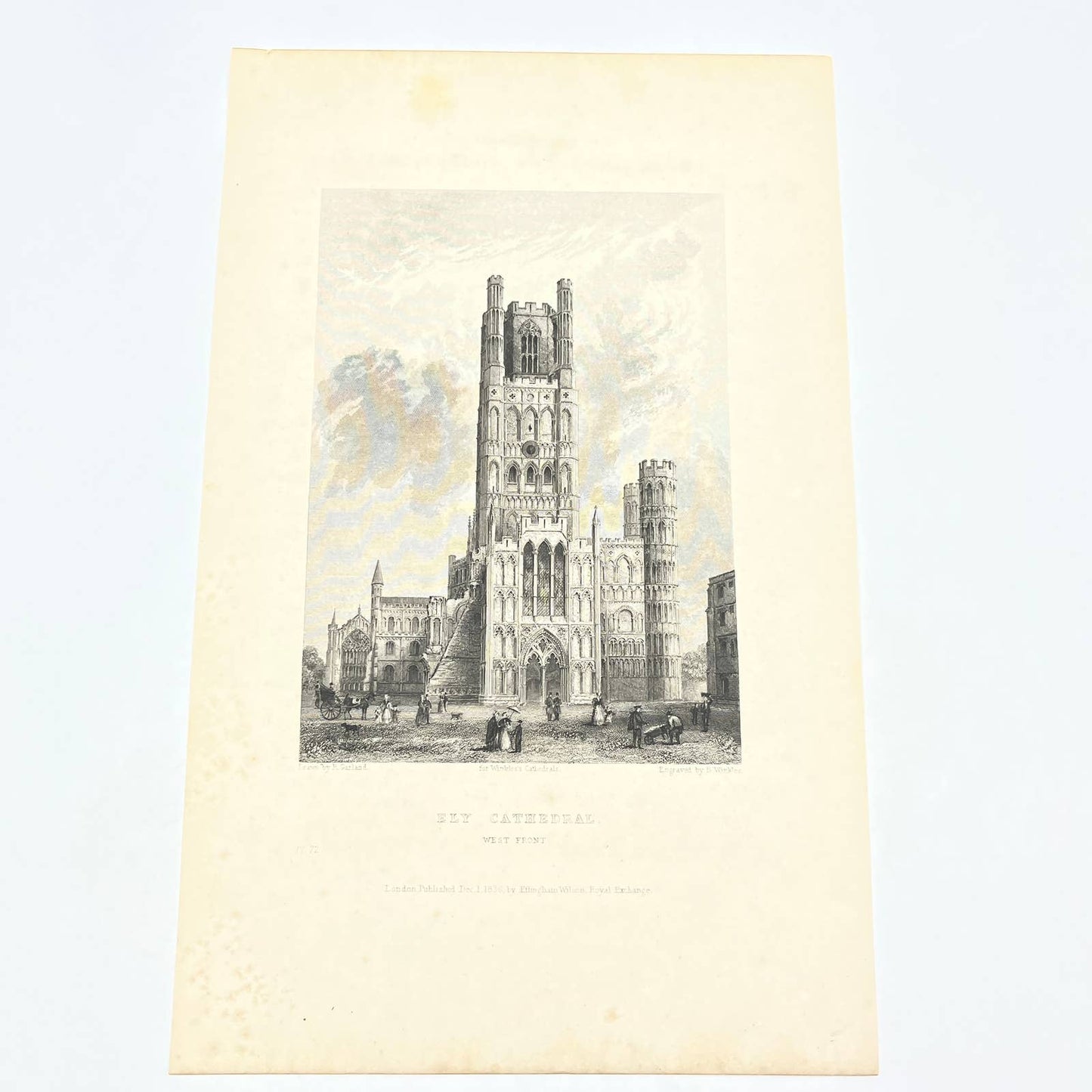 1836 Original Art Engraving Ely Cathedral View of the West Front AC4