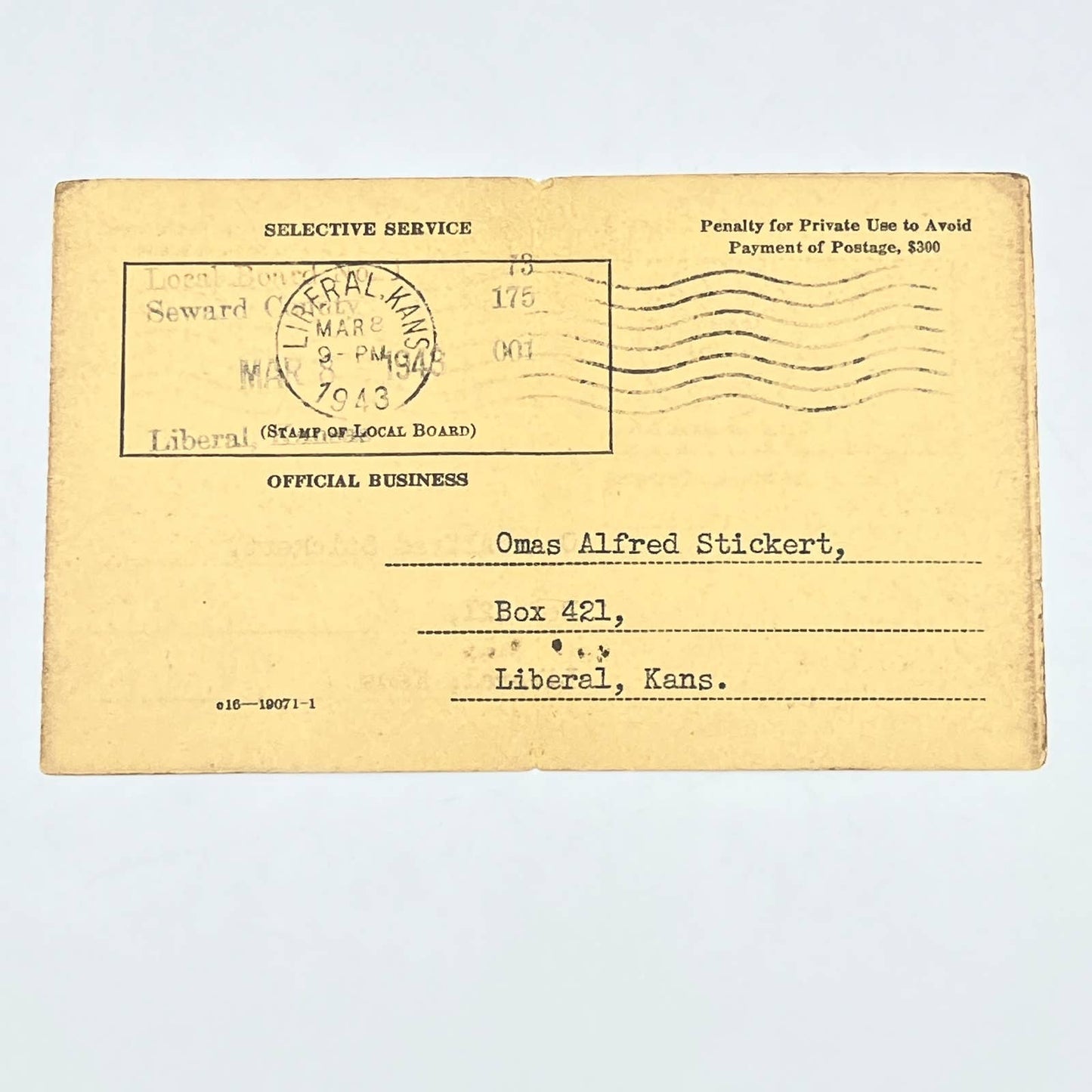 1943 WWII Selective Service Draft Card Omas Alfred Strickert Liberal KS AC2