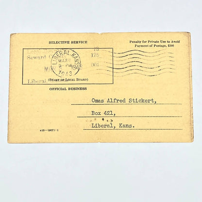 1943 WWII Selective Service Draft Card Omas Alfred Strickert Liberal KS AC2