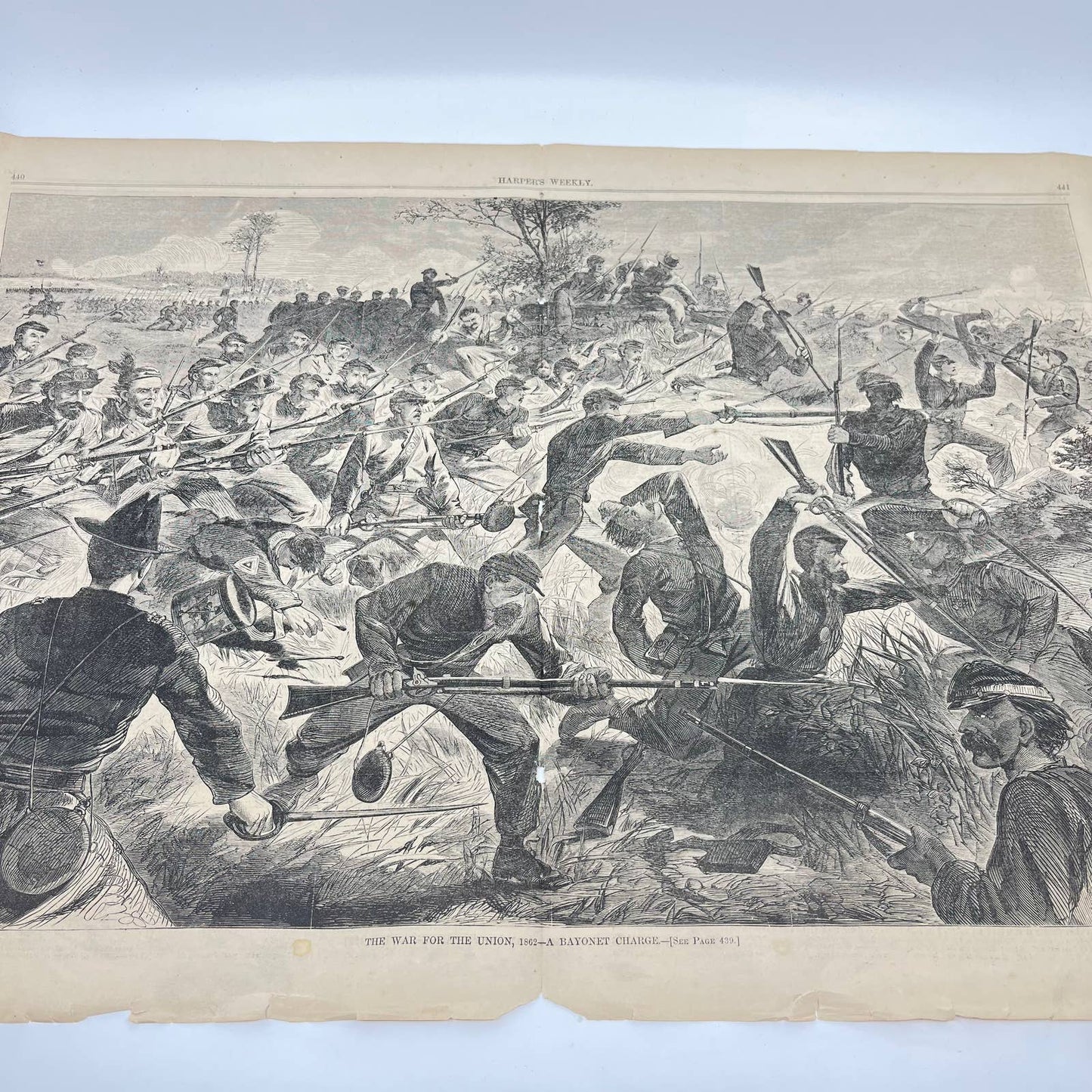 1862 Civil War Harper’s Weekly Engraving Print Union Bayonet Charge FL1