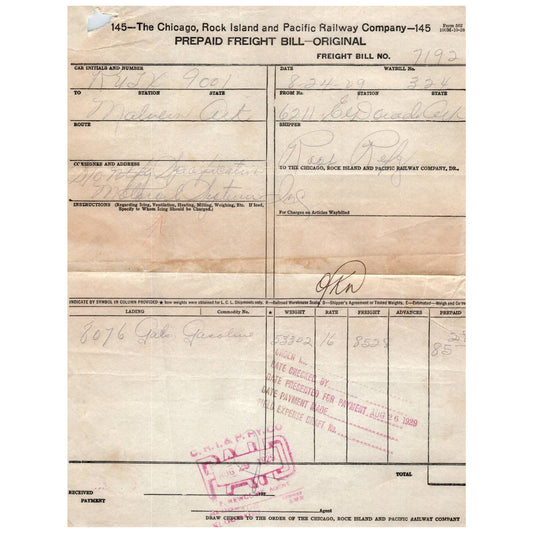 1929 The Chicago, Rock Island and Pacific Railway Company Freight Bill AD1