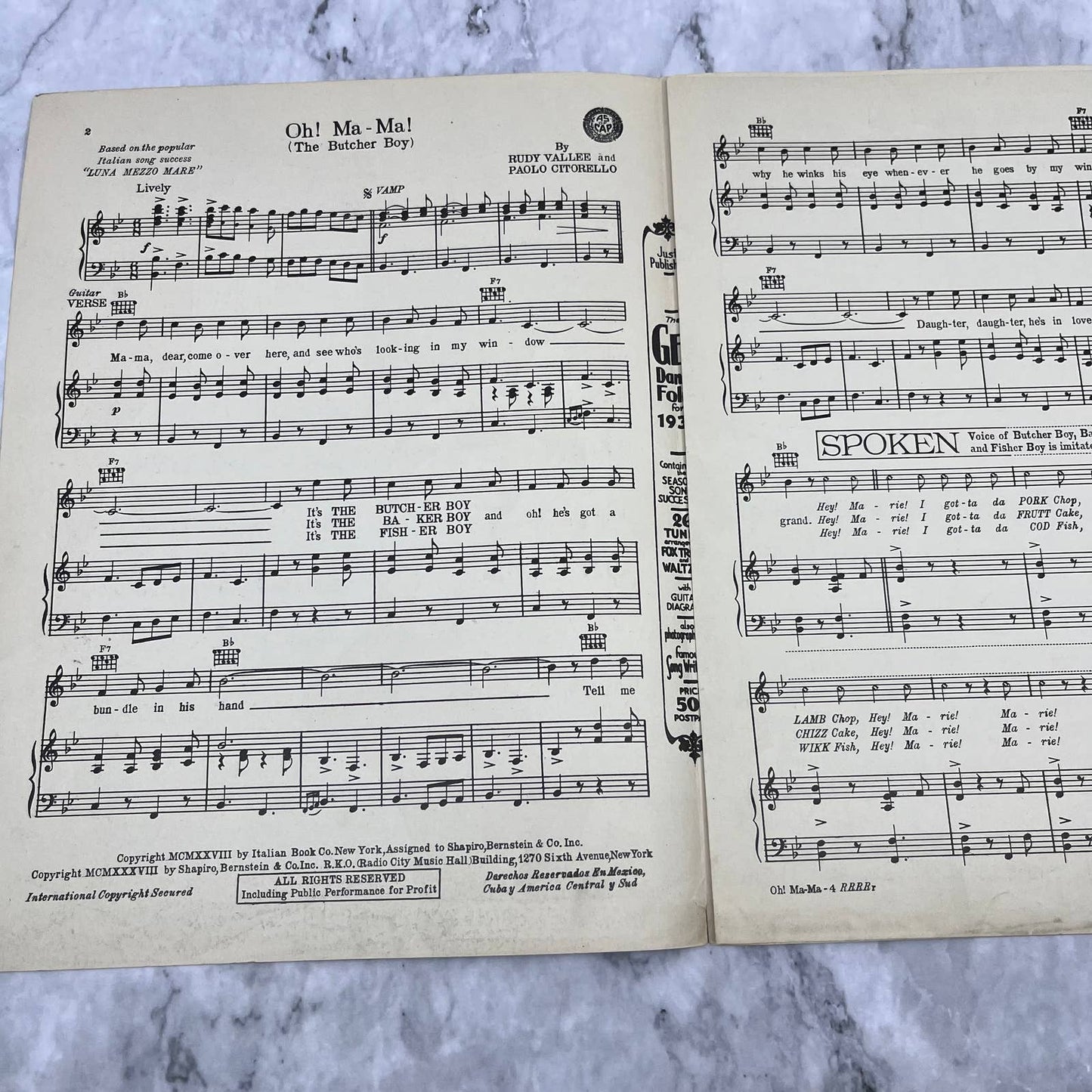 Vtg Sheet Music: Oh! Ma-Ma! The Butcher Boy 1928 Rudy Vallee TH1