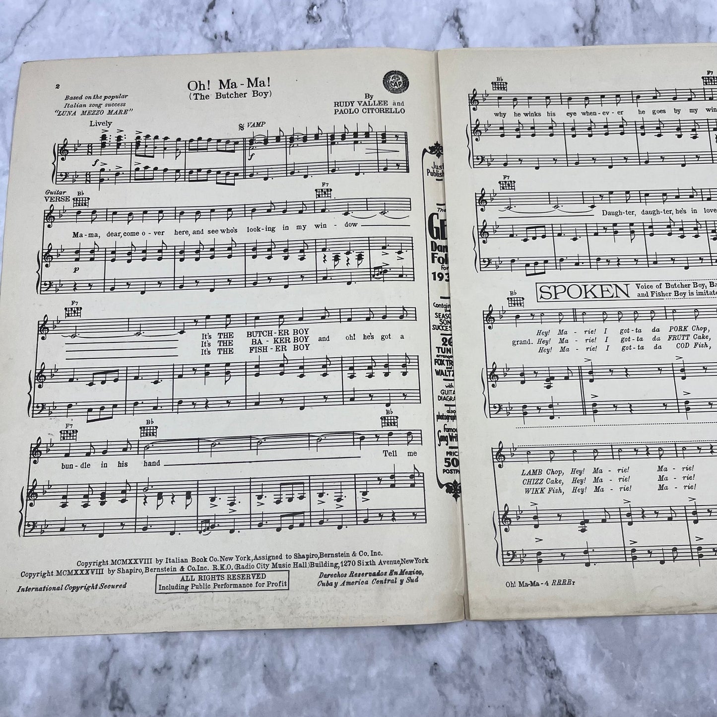 Vtg Sheet Music: Oh! Ma-Ma! The Butcher Boy 1928 Rudy Vallee V42-4
