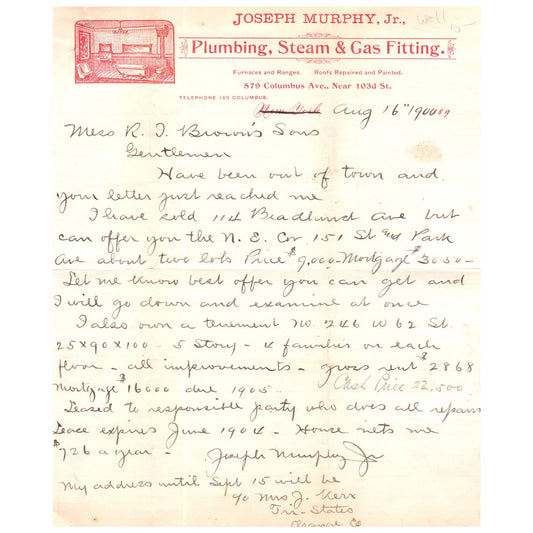 1900 Joseph Murray Jr. Plumbing, Steam & Gas Fitting Letterhead Orange County NY AC9