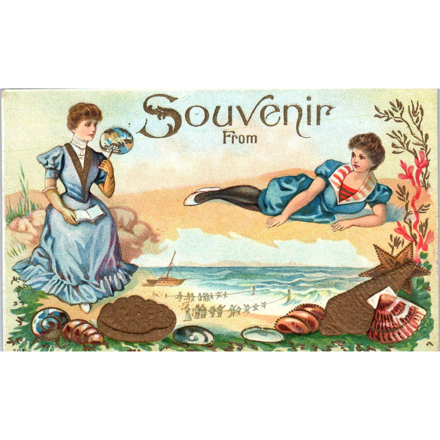 Victorian Embossed Beach Romance Scene c1910 Original Souvenir Postcard TK1-21-3