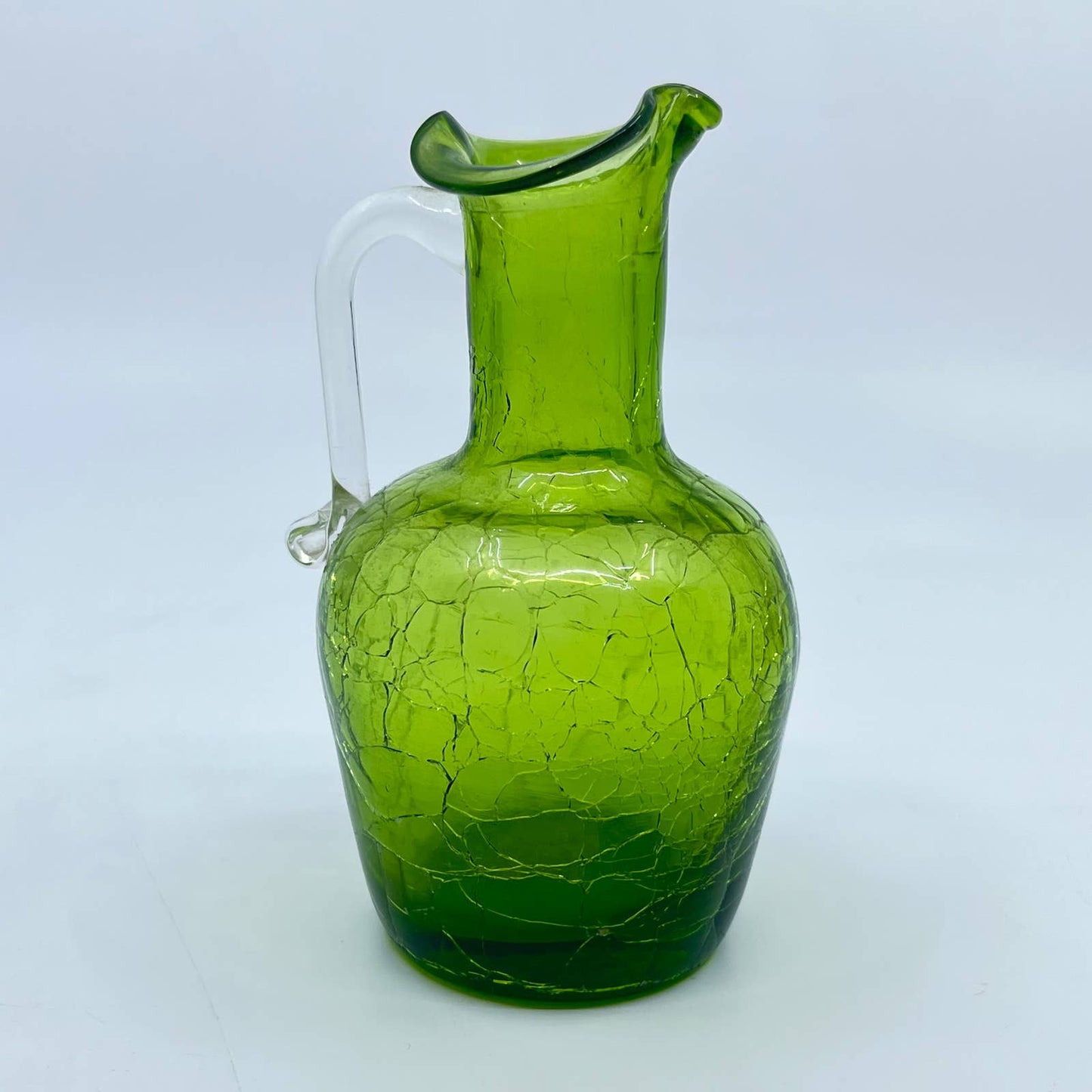 Vintage Pilgrim Crackle Glass Pitcher Avocado Green 5" Hand Blown TE3