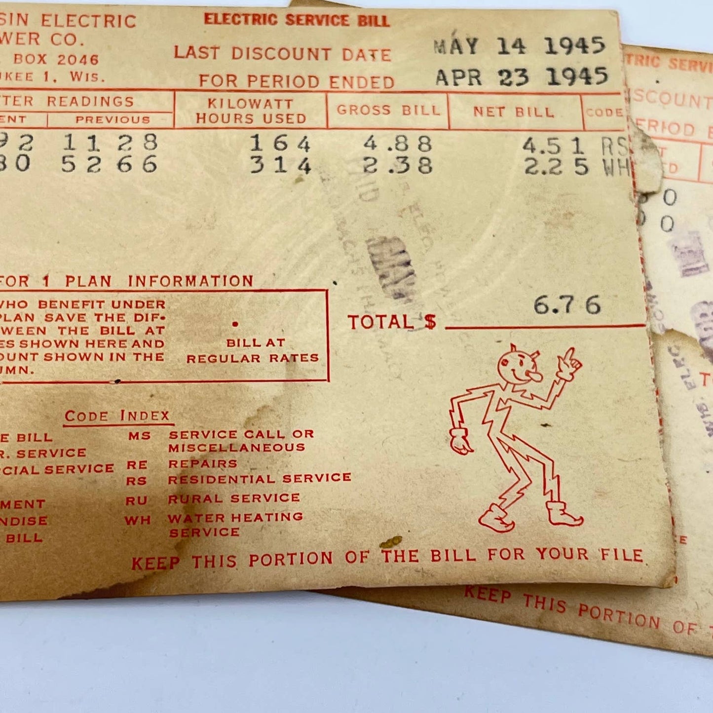 1944-46 REDDY KILOWATT Electric Bill Stub Lot of 3 Wisconsin Electric Power SC6