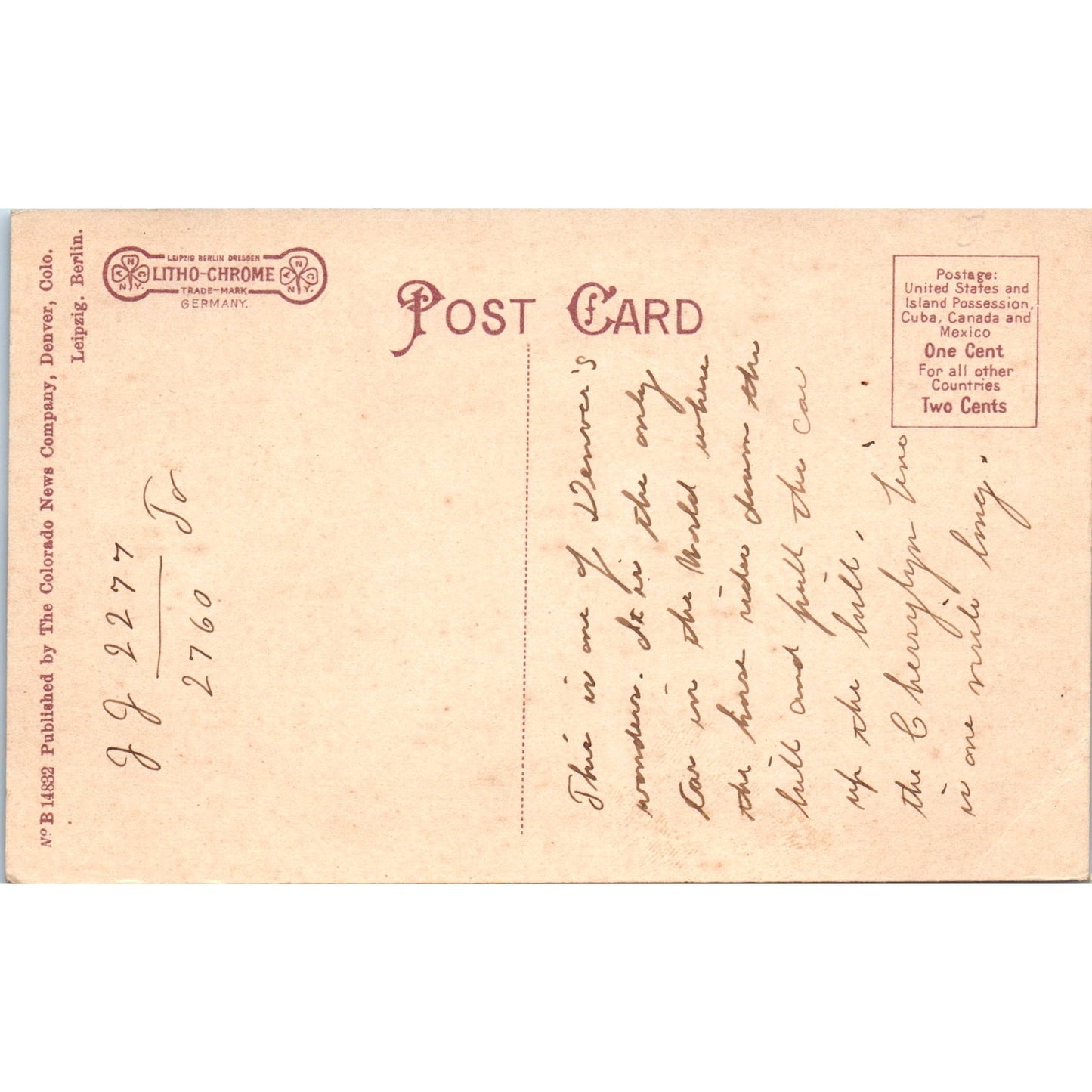 Cherrelyn Horse Car 1907 Denver Colorado Original Postcard P2-2