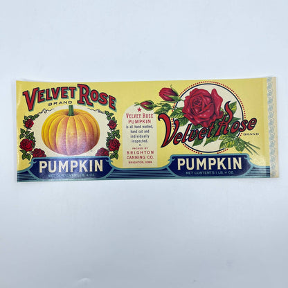 1930's Original Unused Vintage Velvet Rose Pumpkin Can Label Brighton IA FL3