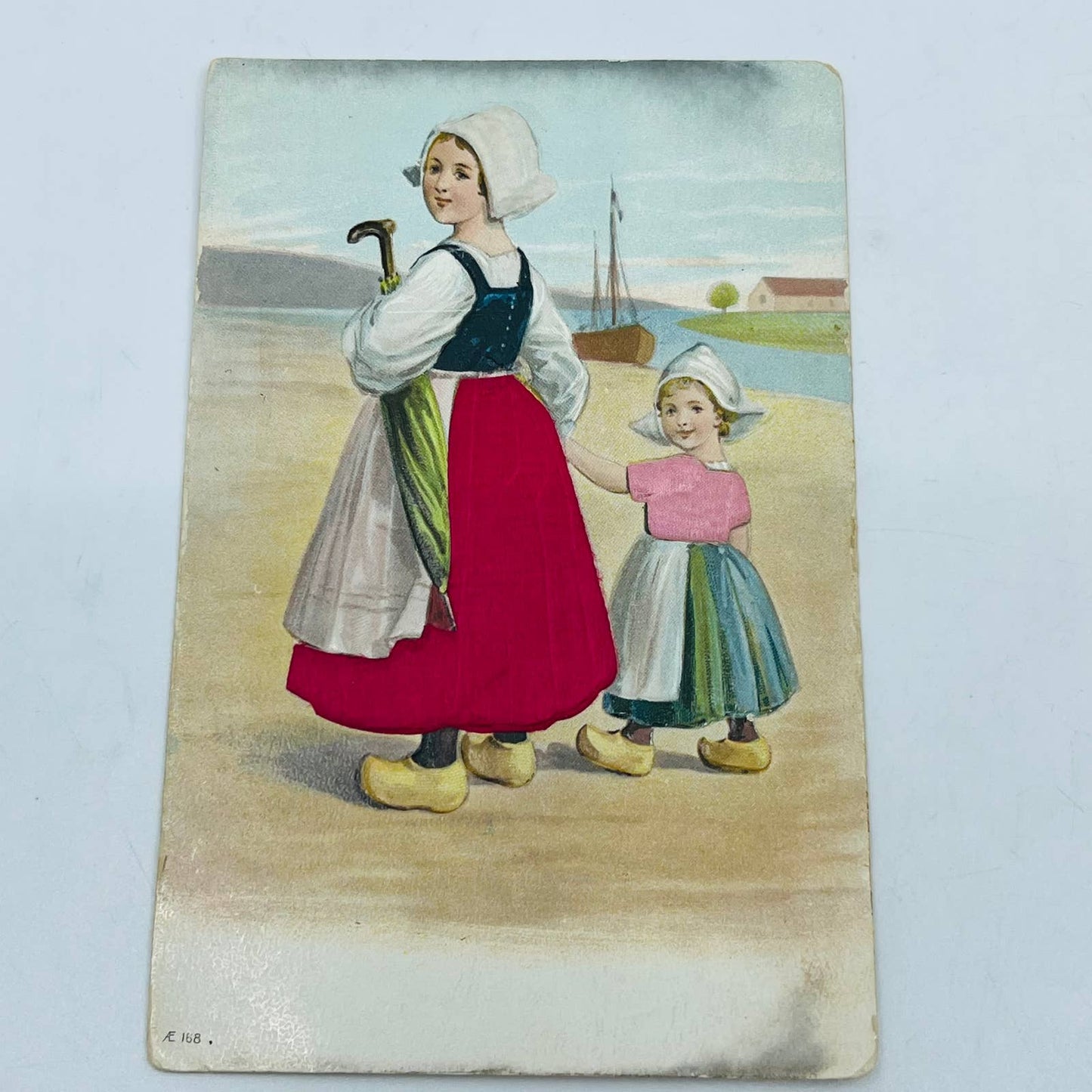 1910s Post Card Embossed Netherlands Dutch Girls Silk Dress Wood Clogs PA7