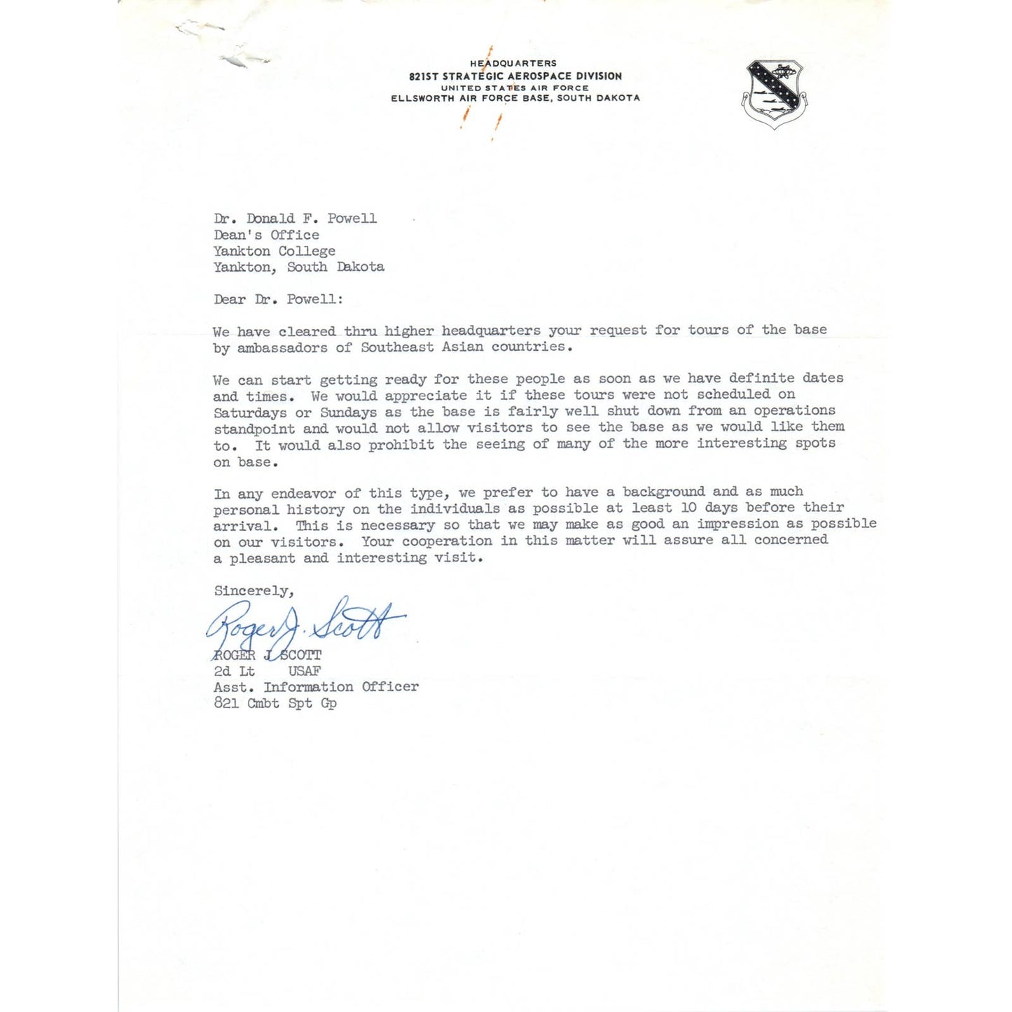 821st Strategic Aerospace Division Letterhead Memo Lt Roger J Scott 1960s TK1-P8