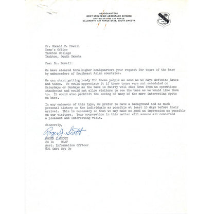 821st Strategic Aerospace Division Letterhead Memo Lt Roger J Scott 1960s TK1-P8