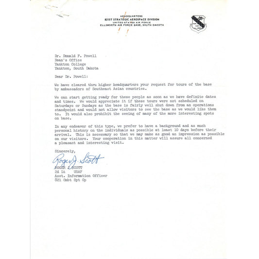 821st Strategic Aerospace Division Letterhead Memo Lt Roger J Scott 1960s TK1-P8