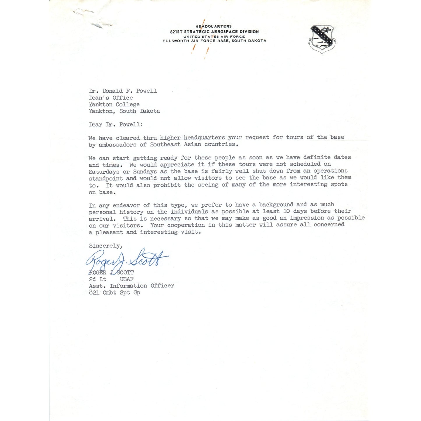 821st Strategic Aerospace Division Letterhead Memo Lt Roger J Scott 1960s B13