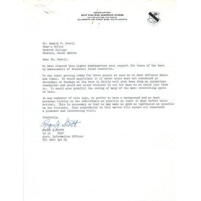 821st Strategic Aerospace Division Letterhead Memo Lt Roger J Scott 1960s B13