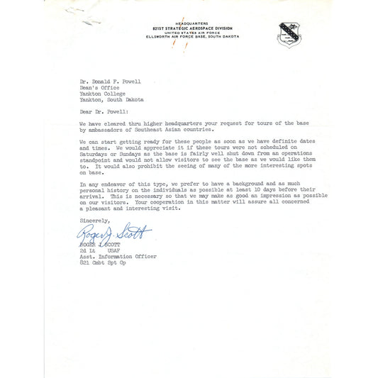 821st Strategic Aerospace Division Letterhead Memo Lt Roger J Scott 1960s B13