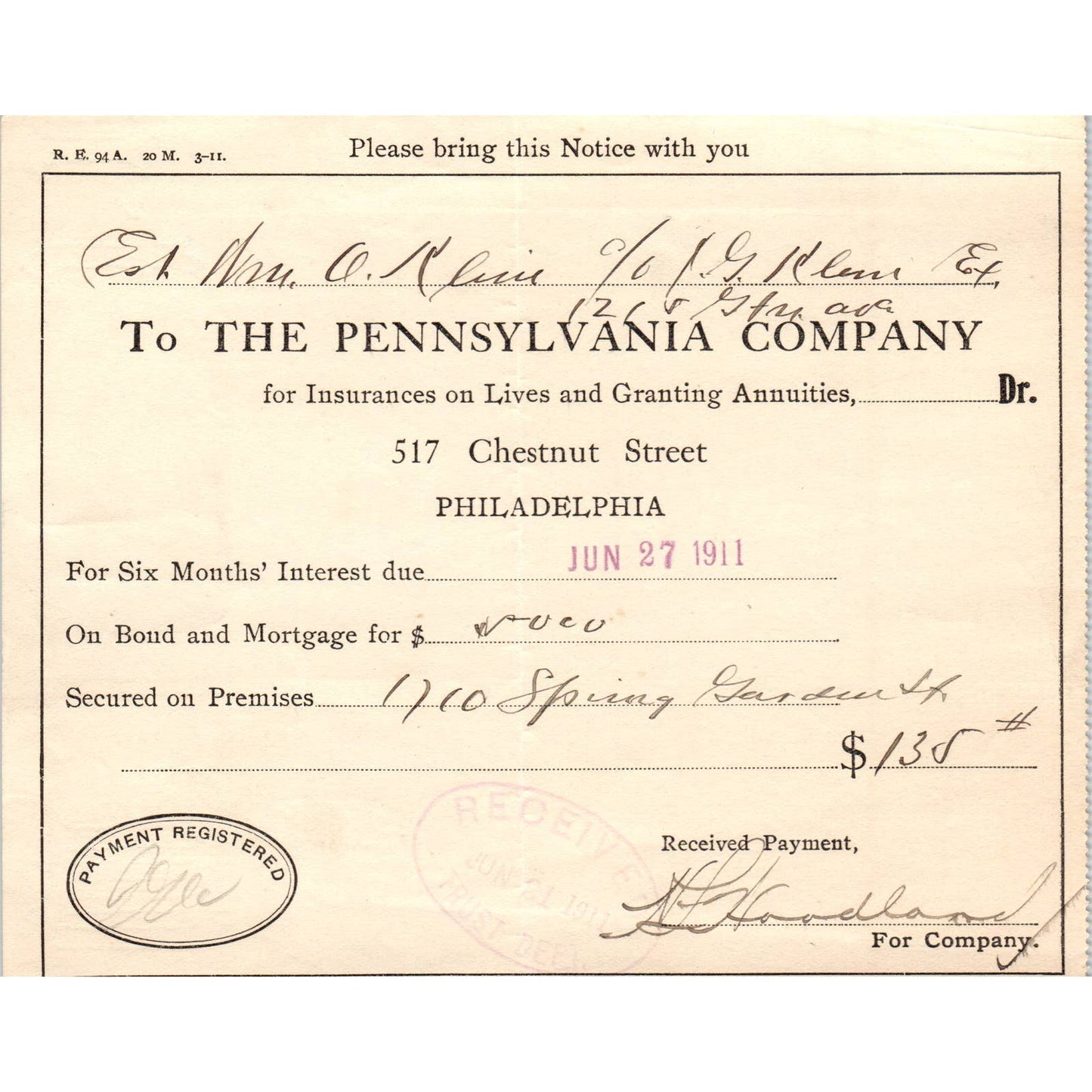 1911 The Pennsylvania Company Insurance Slip AD8