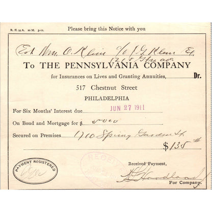 1911 The Pennsylvania Company Insurance Slip AD8