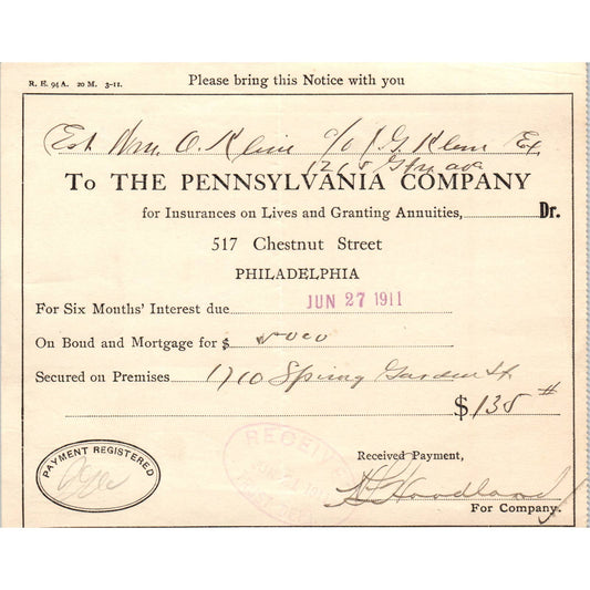 1911 The Pennsylvania Company Insurance Slip AD8