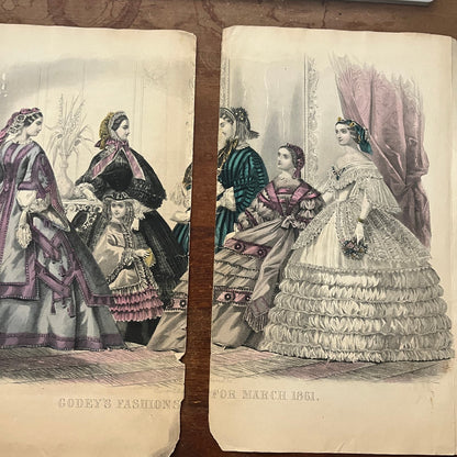 1861 Fashions For March Tinted Engraving Print Godey's Lady's Book D4-3