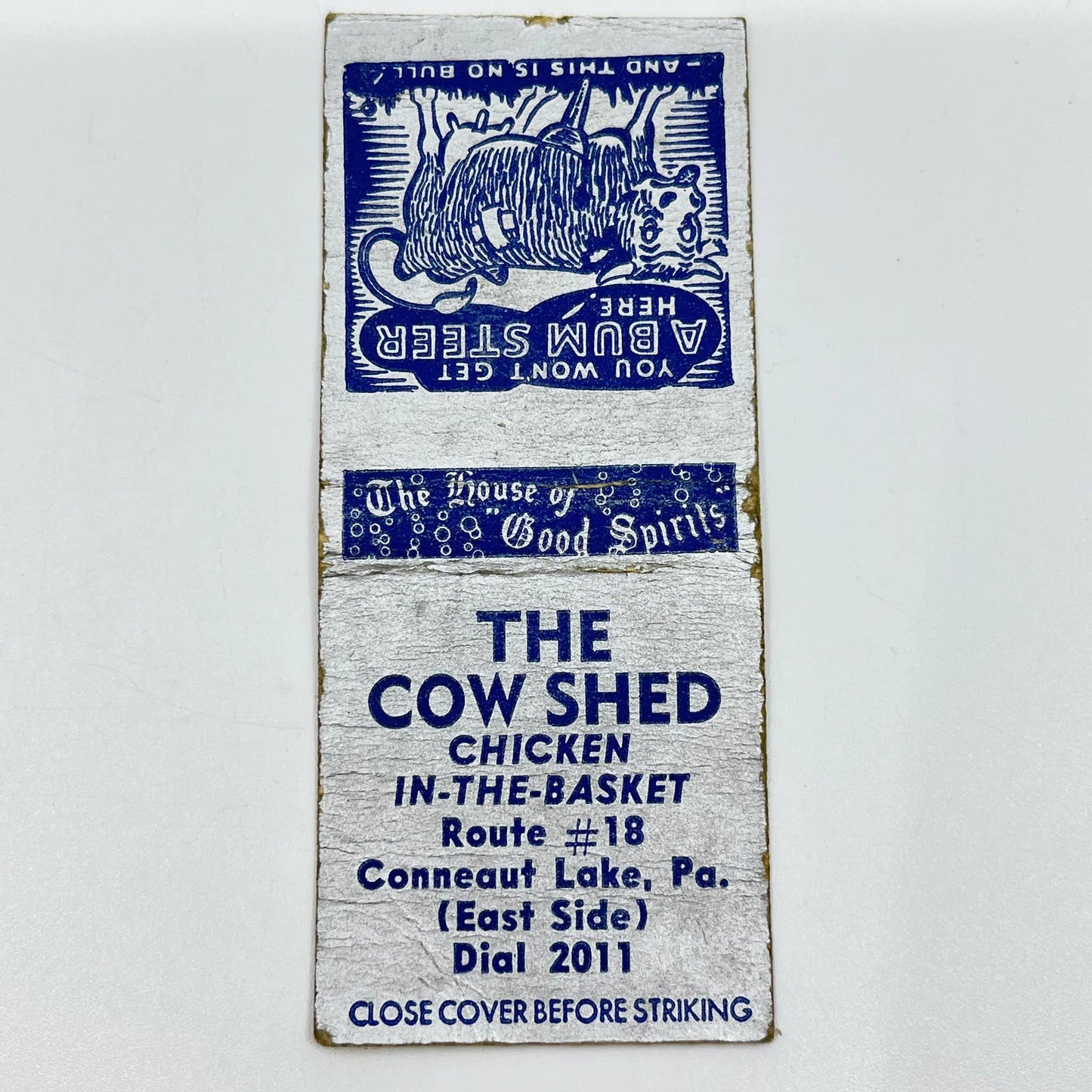 1930s Matchbook The Cow Shed Bar and Restaurant Conneaut Lake PA SC6