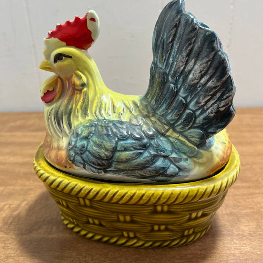 Vintage Hand Painted Ceramic Nesting Hen on Basket 6” TG5