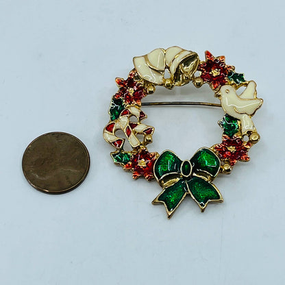 Vintage Candy Enamel Christmas Wreath Bow Pin Brooch Gold Tone SB5