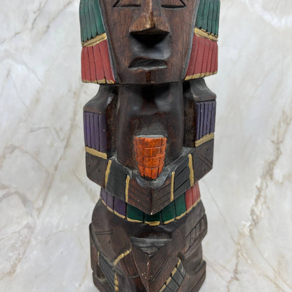 Hand Carved Hand Painted Wooden Aztec Mayan Totem Pole Sculpture 14” TI7