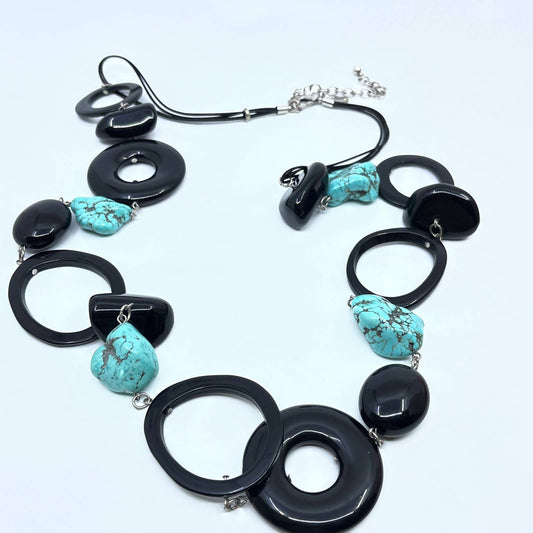Vintage Boho SABRA Necklace Long  Turquoise Dyed Howlite Stones Black Lucite SD5