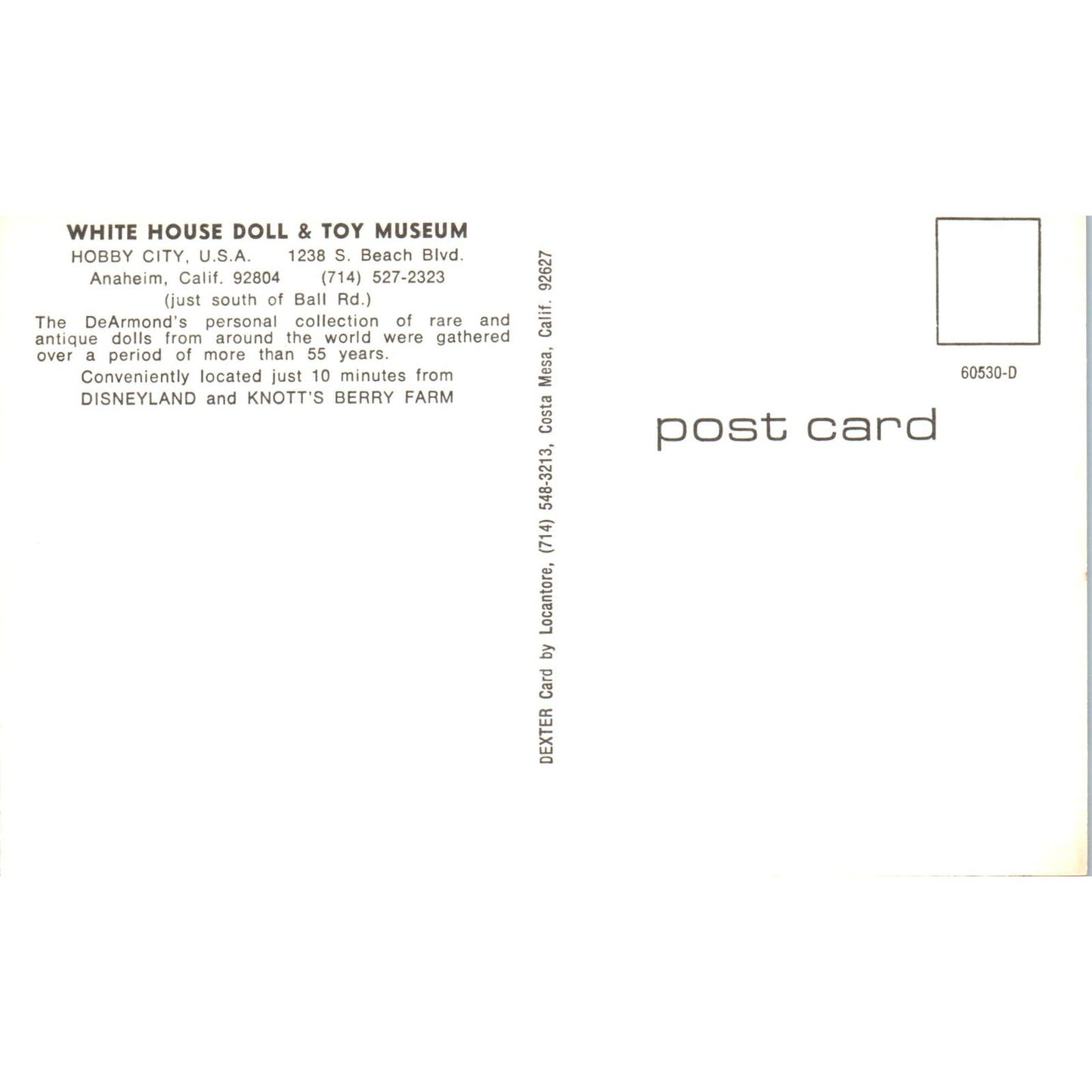 White House Doll & Toy Museum Anaheim Ca Original Postcard PB6