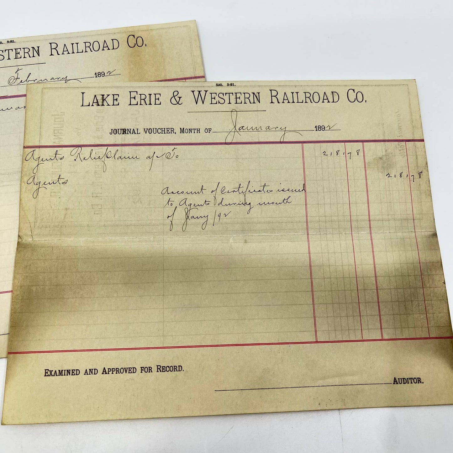 1892 Lake Erie & Western Railroad Co. Journal Voucher RR Lot of 2 AB1-1