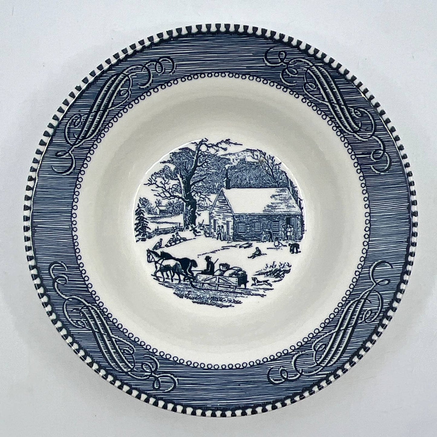Currier and Ives Bowl Early Winter Schoolhouse Horse Buggy 6 1/4" Blue TI3-1