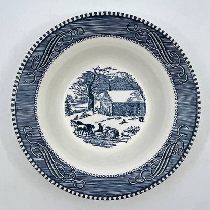 Currier and Ives Bowl Early Winter Schoolhouse Horse Buggy 6 1/4" Blue TI3-1