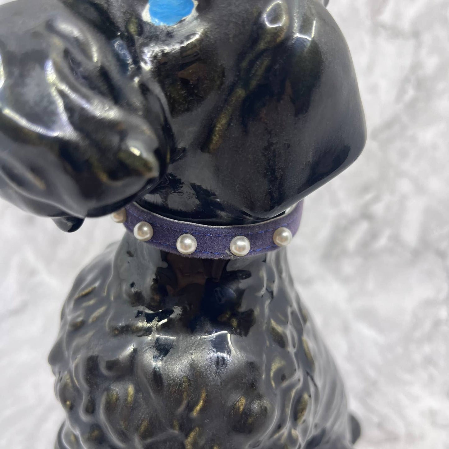 Vtg MCM Large Ceramic Black Poodle Blue Eyes w Collar 10.5" TI9