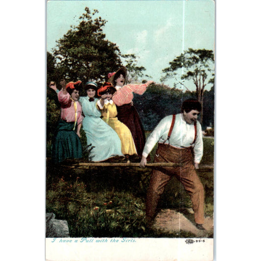 I Have a Pull With The Girls c1910 Victorian Tinted Original Postcard TK1-P18
