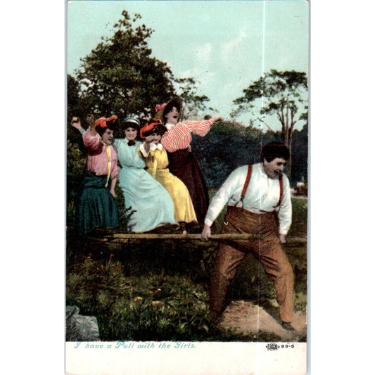 I Have a Pull With The Girls c1910 Victorian Tinted Original Postcard P2-8