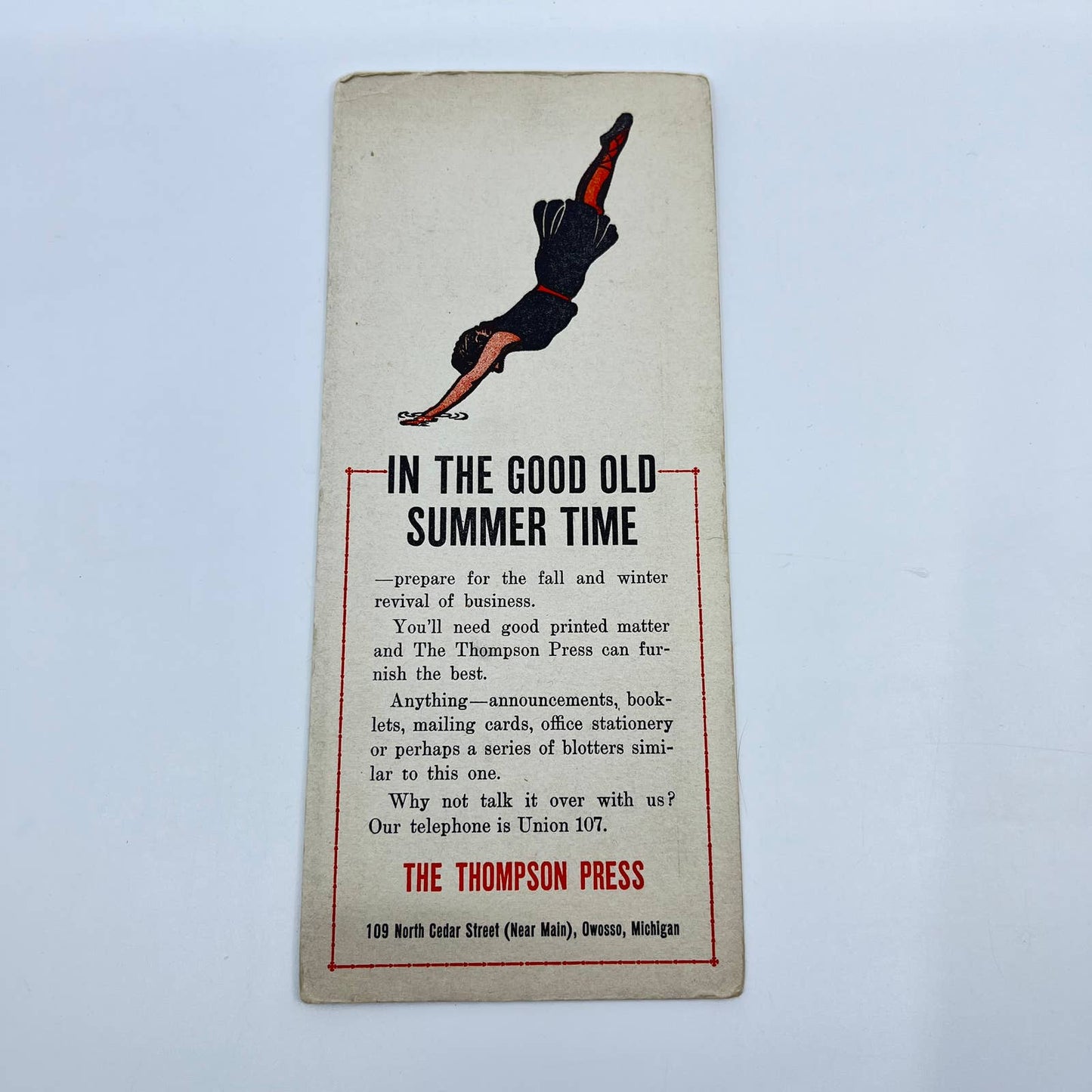 1920s Blotter Card The Thompson Press Diving Girl Owosso MI SC8