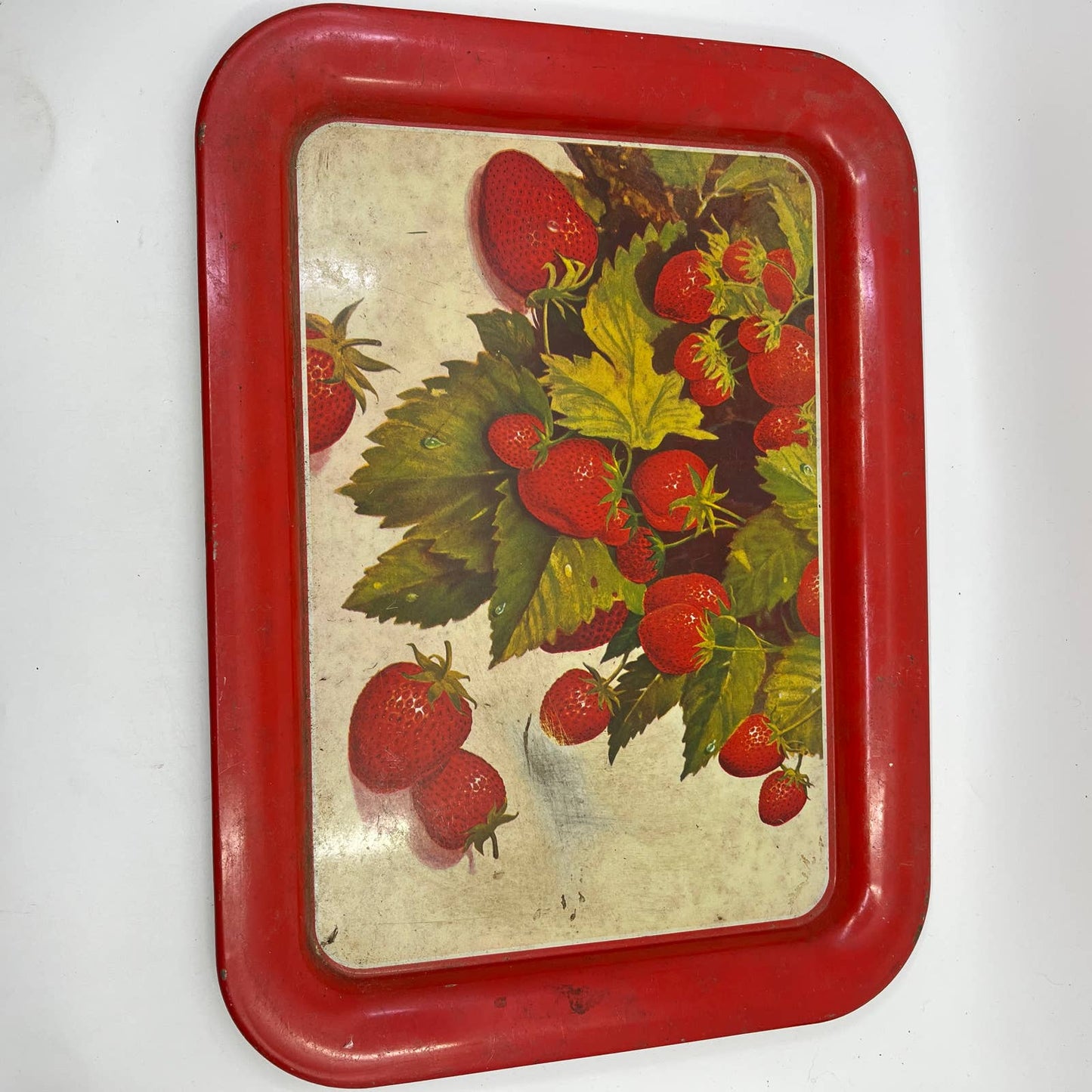 1940s Toleware Tin Enamel Strawberry Dinner Tray Set OF 4 - 17.5 x 13 TH2-1