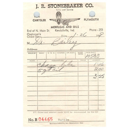 1949 JR Stonebraker Co. Mobilgas and Oils Letterhead Kendallville IN AD8-2